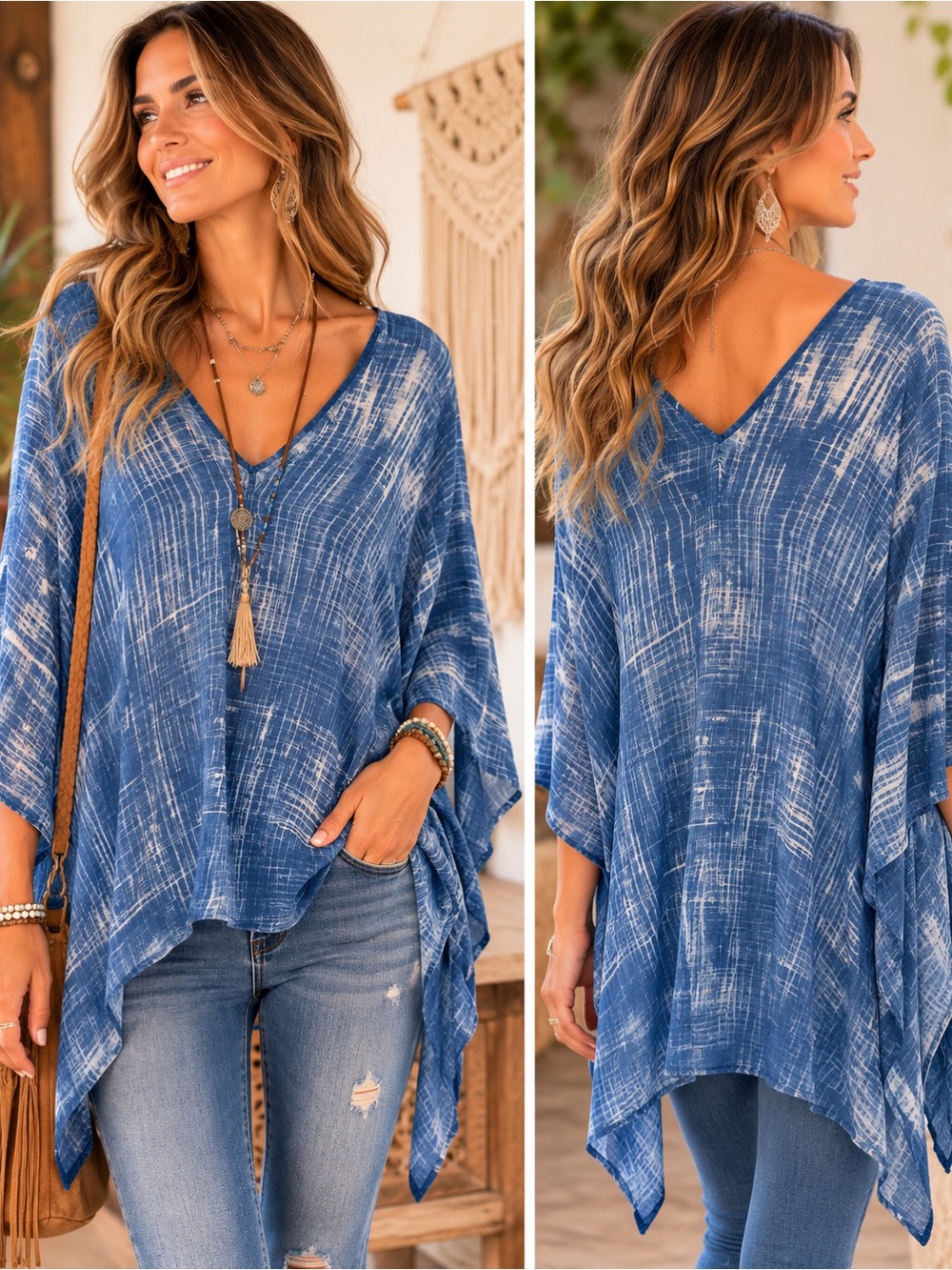 LOVESTITCH Blue Boho Modal Poncho Top One Size Oversized V-Neck Flowy Kimono